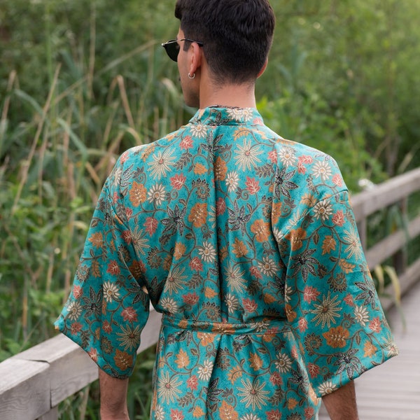 Unisex Seide Kimono handgemacht aus Bali, türkis, Morgenmantel, Robe, Boho, Brautrobe, Loungewear