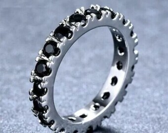 Full Eternity Wedding Band Ladies Ring Black Round Cut Diamond 14K White Gold Finish 925 Sterling Silver Anniversary Band Ring