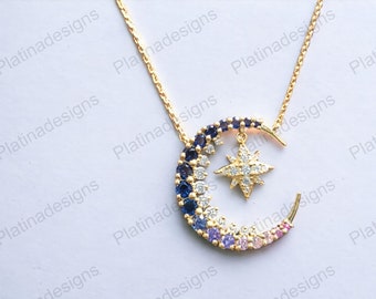 14K Yellow gold Plated half Moon Star Women's Pendant 2.63Ct Round Cut Sapphire, Amethyst , & Diamond 18" Necklace 925 Silver