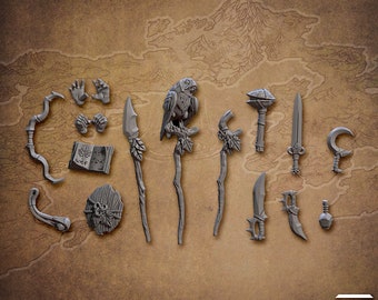 Artisan Guild Standalone Weapons and Hands (Deeproot Lurikeen), Wizard, Staff, Hands, Bow, Tome 3D Minis Tabletop Gaming