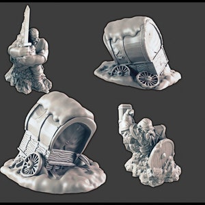 Dungeons & Dragons Snowy Broken Wagon and Frozen Adventurers Scatter Terrain Scenery for Pathfinder 2E, Tabletop RPGs Wargaming Unpainted