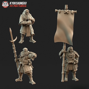 Japanese Sohei Monk Command Group Miniature | Japanese Yokai Kensei Test of Honour | Feudal Wargaming Tabletop | Kyoushuneko Miniatures