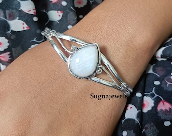 Natural Moonstone, Adjustable Bangle, Moonstone Bangle, 925 Silver Bangle, Gemstone Bangle, Handmade Bangle, Designer Bangle, Women Bangle