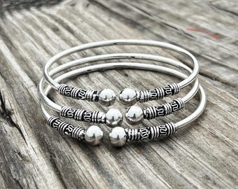 Set of 3 Solid 925 Sterling Silver Bangles for Women, Handmade