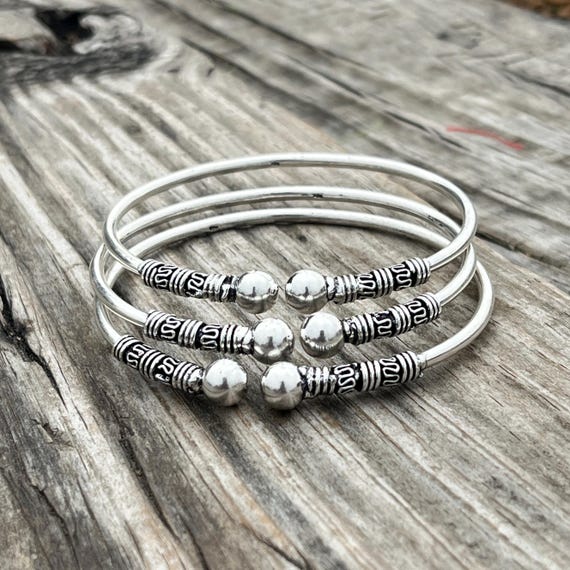 Set of 3 Solid 925 Sterling Silver Bangles for Women, Handmade