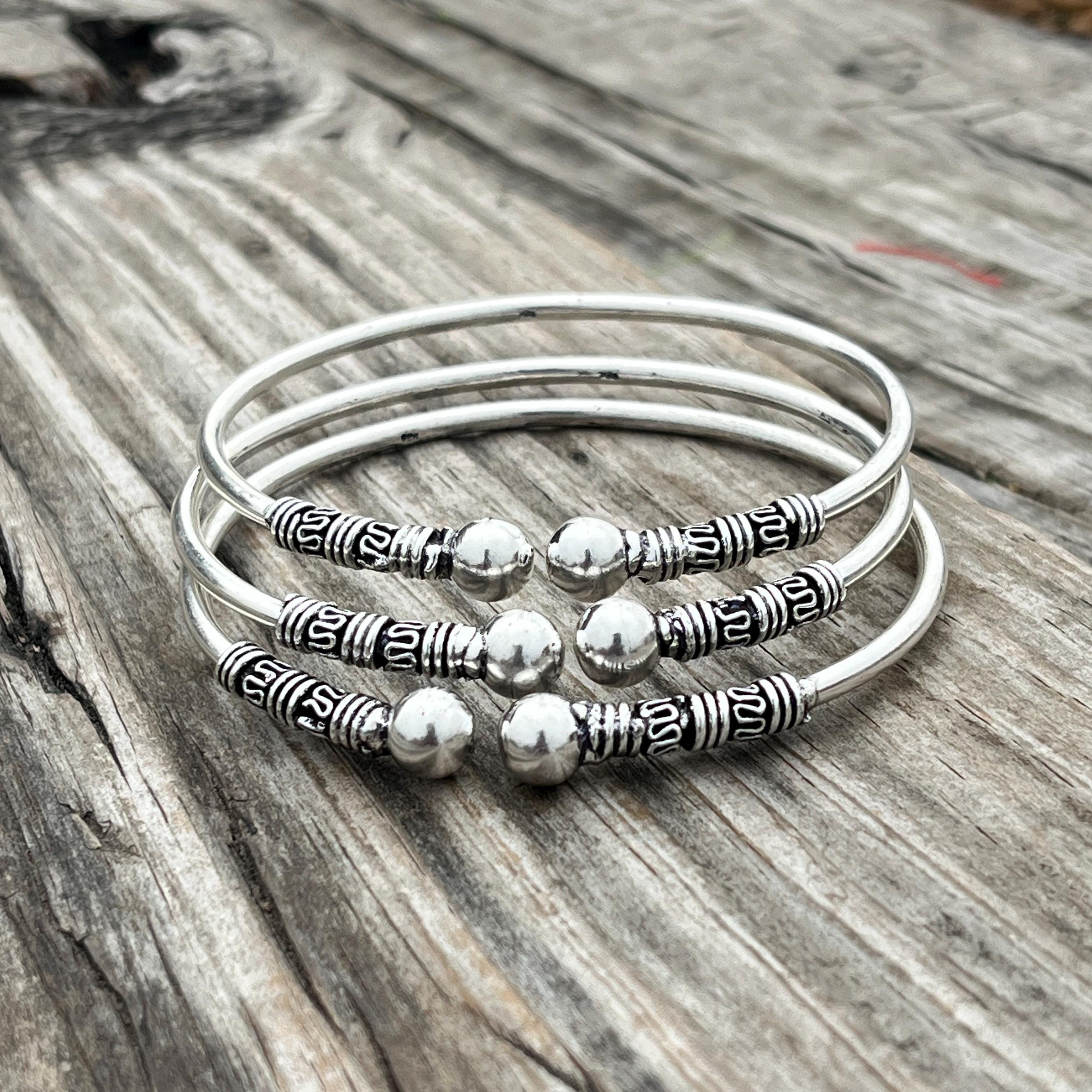 Set of 3 Solid 925 Sterling Silver Bangles for Women, Handmade