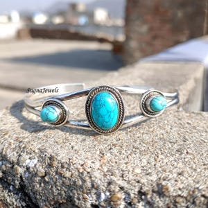Brazalete de turquesa, hecho a mano, de plata 925, para mujer, con piedras preciosas, turquesa, natural, bohemio.