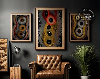 Aboriginal Art Originals, Set Of 3, Indigenous Australian Ethnic Tribal Wall Art, Terracotta Modern Housewarming Decor Instant Download