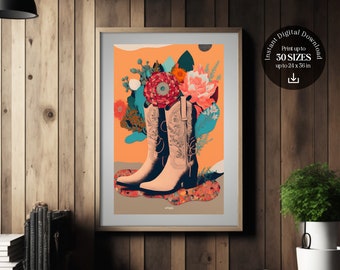 Cowboy Boots Floral Painting Print, Peach Retro Vintage Cowgirl Aesthetic, Girly Wall Art, Preppy Wall Art, Bar Cart, Dorm Room Decor