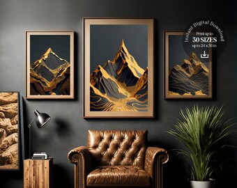 Gold Metal Mountain, Set Of 3, Large Mountain Wall Art, Metal 3D Shadow, Bedroom Wall Decor, Instant Download