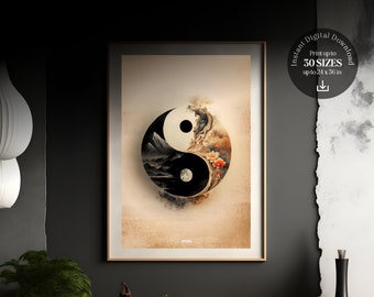 Yin Yang Abstract Symbol Boho Printable Wall Decor | 70s Taoism Spiritual Zen Art Print | Instant Download - Home Decor
