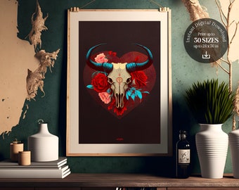 Valentine's Day Gift Boho Skull Printable Wall Art | Wild West Cowgirl Artwork Print | Instant Download - Home Decor