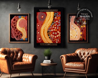 Aboriginal Art Originals, Set Of 3, Indigenous Australian Ethnic Tribal Wall Art, Terracotta Modern Housewarming Decor Instant Download