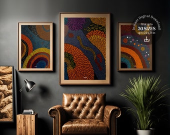 Aboriginal Art Originals, Set Of 3, Indigenous Australian Ethnic Tribal Wall Art, Terracotta Modern Housewarming Decor Instant Download