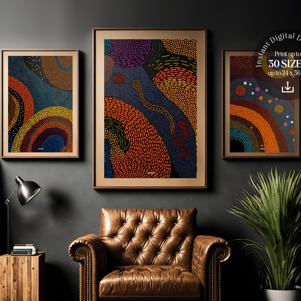 Originale der Aborigines, 3er Set, indigene australische ethnische Stammeswandkunst, Terrakotta-moderne Housewarming-Dekor-sofortiger Download