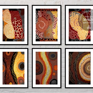 Aboriginal Art Originals, Set Of 6, Indigenous Australian Ethnic Tribal Wall Art, Terracotta Modern Housewarming Decor Instant Download