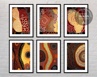 Aboriginal Art Originals, Set Of 6, Indigenous Australian Ethnic Tribal Wall Art, Terracotta Modern Housewarming Decor Instant Download