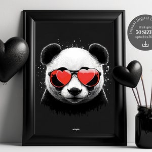 Valentine&#39;s Day Gift Panda Wearing Red Heart Sunglasses Printable Wall Art | Hand Drawing Artwork Print | PNG Instant Download - Home Decor