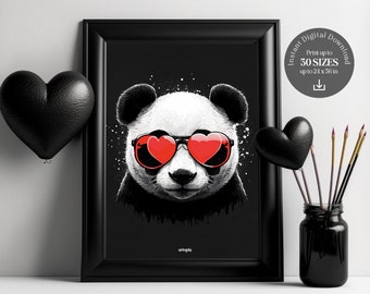 Valentine's Day Gift Panda Wearing Red Heart Sunglasses Printable Wall Art | Hand Drawing Artwork Print | PNG Instant Download - Home Decor