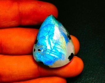 100% Natural Rainbow Moonstone Cabochon, Pear Shape Loose Gemstone, Blue Flashy Rainbow Moonstone For Jewelry !!