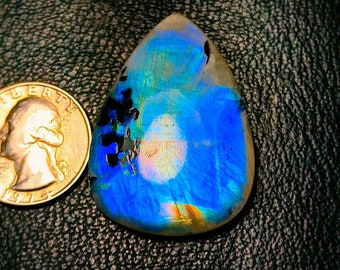 Rare Quality Full Blue Flashy Rainbow Moonstone Cabochon, Pear Moonstone, Rainbow Moonstone, Size:-42x30x7 Mm. Flashy Gemstone Use For Her.