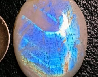 Top Rare Blue Fire White Rainbow Moonstone Cabochon Hand Made Loose Gemstone Size - 33x26x8 Mm. Pear Shape Best For Making All Jewelry.!!