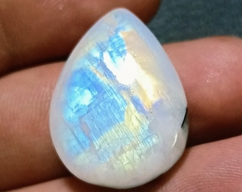 Very Natural ~ Blue Flashy Rainbow Moonstone Pear Shape Cabochon Gemstone Size - 26x20x7 Mm. At Very Reasonable Price For Making Jewelry