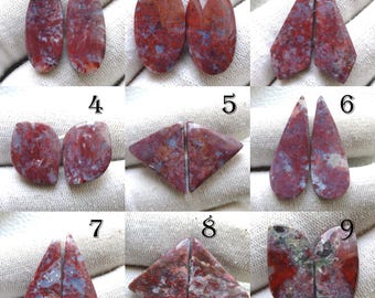 May include: Nine pairs of polished gemstones in various shapes, including teardrop, oval, and geometric designs. The stones display a mix of red, brown, and blue hues, with natural patterns. Ideal for jewelry making or collecting.