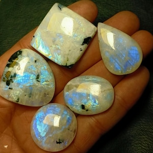 moonstone,Blue Fire Rainbow Moonstone Mix Shape, Cabochon At Very Low Price Hand Made Loose Gemstone 5 Pcs LOT Use For Making All Jewelry