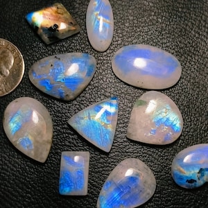 Terrific ~ Blue Fire Rainbow Moonstone Mix Shape Cabochon At Very Low Price Hand Made Loose Gemstone 10 Pcs LOT Use For Making All Jewelry