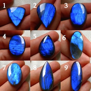 Peut inclure: Collection de neuf pierres précieuses de labradorite polies, de formes variées. Les pierres présentent une iridescence bleue vibrante avec des veinures internes. Les formes incluent triangulaire, goutte d'eau, ovale et ovale allongée. Chaque pierre est tenue dans une main.