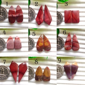 May include: A collection of nine pairs of polished gemstones in various shapes and colors. The gemstones range from deep reds and browns to lighter pinks and yellows. Each pair is unique, with variations in pattern and hue.