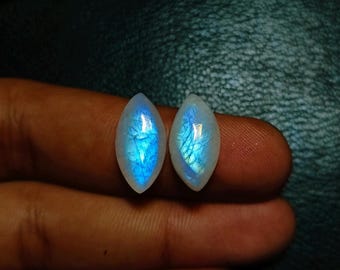 Puede incluir: Dos piedras preciosas de piedra lunar en forma de marquesa. Cada piedra tiene una base blanca nacarada con un destello azul vibrante, mostrando estructuras internas. Las piedras se sostienen sobre un fondo oscuro, resaltando su cualidad iridiscente.