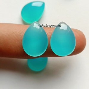 May include: Two teardrop-shaped turquoise cabochons, approximately 1 inch in length, are held between two fingers. The cabochons are smooth and polished.
