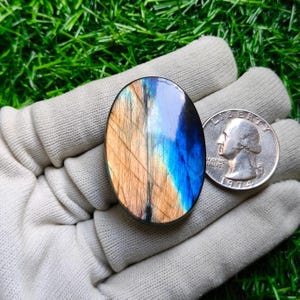 Peut inclure: Une pierre précieuse de labradorite de forme ovale avec une surface polie. La pierre présente un mélange de couleurs, dont le bleu, l'or et le marron. Une pièce de monnaie est à côté de la pierre précieuse pour la comparaison des tailles. La pierre est tenue dans un gant blanc.