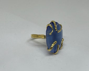 Blue Cat's eye ring, blue color ring, Cat's eye ring, ring, bijouteri, handmade, gold plated, brass jewels, jewellery