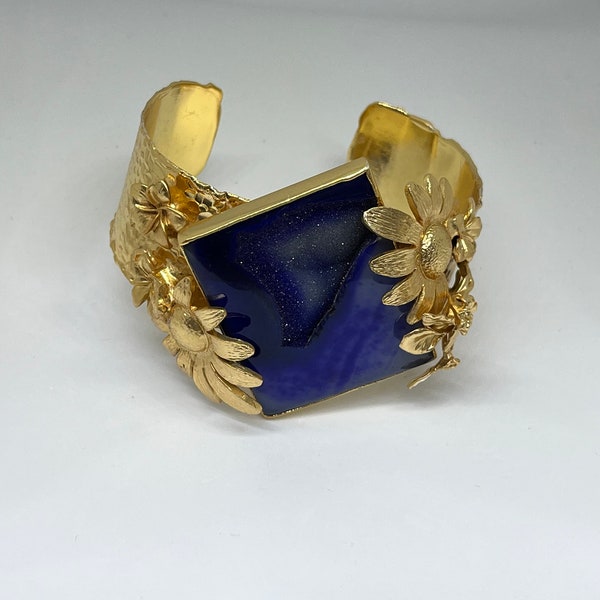 bracelet agate bleu nuit, agate, bracelet, pierre naturelle, bijoux en laiton, plaqué or, bijouterie, bracelet, pierre, trapèze, bijouterie