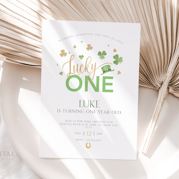 Lucky One Birthday Invitation, St Patricks First Birthday Invite, Editable Digital Corjl Template