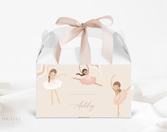 Ballerina Gable Box Label Ballerina Ballet Cumpleaños Fiesta Favor Caja Etiqueta, Plantilla Corjl Digital Editable