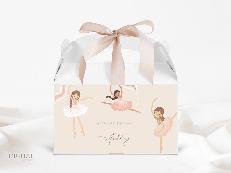 Ballerina Gable Box Label Ballerina Ballet Cumpleaños Fiesta Favor Caja Etiqueta, Plantilla Corjl Digital Editable imagen 1