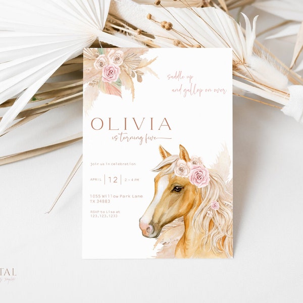 Horse Birthday Invitation Blush Boho Florals Brown Horse Birthday Party Invite Editable Digital Corjl Template