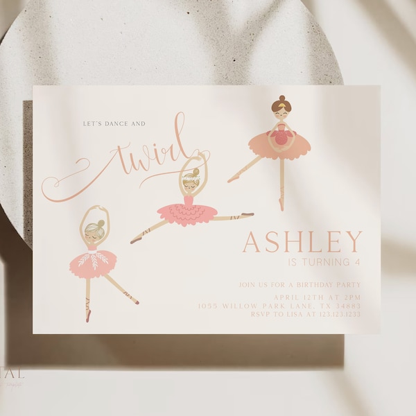 Ballerina Invitation, Ballet Birthday Party Invite, Editable Digital Corjl Template