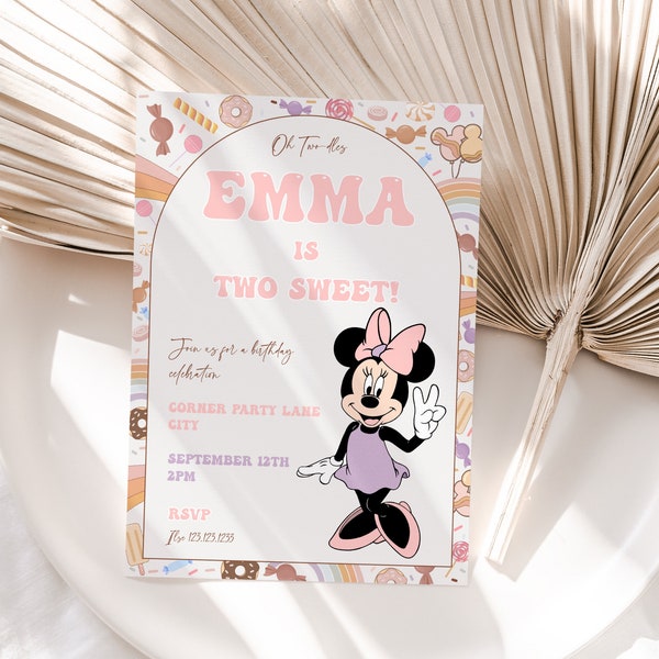 Two Sweet Minnie Mouse Invitation, Sweet Celebration Minnie Mouse Birthday Party Invite, Editable Digital Corjl Template