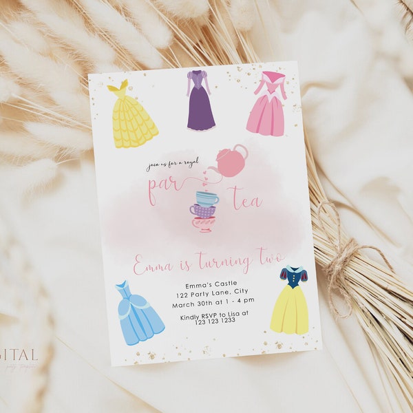 Princess Tea Party Birthday Invitation, Royal Princess Dresses Birthday Party Invite, Editable Digital Corjl Template