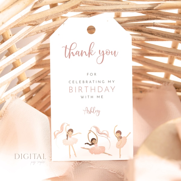 Ballerina Thank You Tag, Tutu Cute Ballet Dancer Birthday Party Favor Tags, Editable Digital Corjl Template