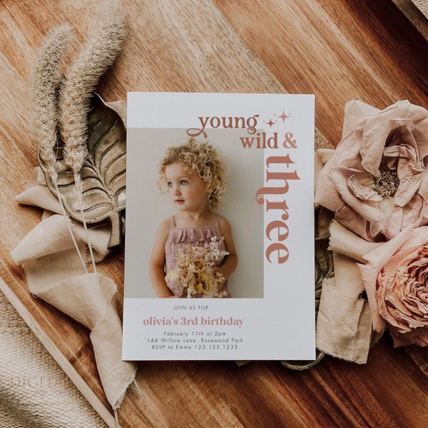 Young Wild and Three Boho Birthday Invitation, Modern Minimal Retro Birthday Party Invite with Photo, Editable Digital Corjl Template