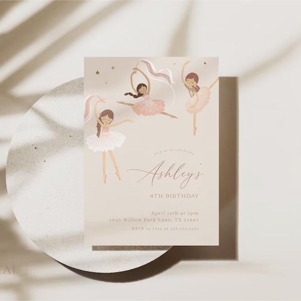 Ballerina Birthday Invitation, Ballet Birthday Party Invite, Editable Digital Corjl Template