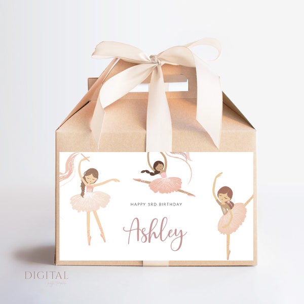 Ballerina Gable Box Label, Ballet Dancer Birthday Party Favour Box Label, Editable Digital Corjl Template