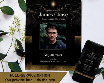 Customizable Memorial Funeral Program Template, Black w/ Abstract Gold Glitter Design + Gold Star - Full Service Option