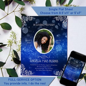 Può includere: Un modello di memoriale blu e bianco con una foto di una donna, date e il testo "In Loving Memory" e "Angela Mae Burns". Il modello include il testo "Funeral Service on Thursday, August 4, 2022 at 9am Mt. Calvary Baptist Church 456 Anywhere Dr. Your City/State Rev. Jeffrey Elkins Officiating".